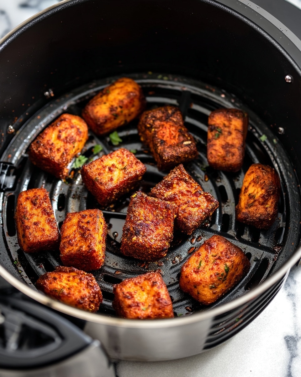 The image shows several small, square pieces of food with a dark reddish-brown spice coating that looks crispy, placed inside a black air fryer basket with a spiral design at the bottom. The pieces are evenly spaced, showing a rough textured surface with visible herbs and spices on them. The food pieces are arranged in a rounded black air fryer container sitting on a white marbled surface. photo taken with an iphone --ar 4:5 --v 7