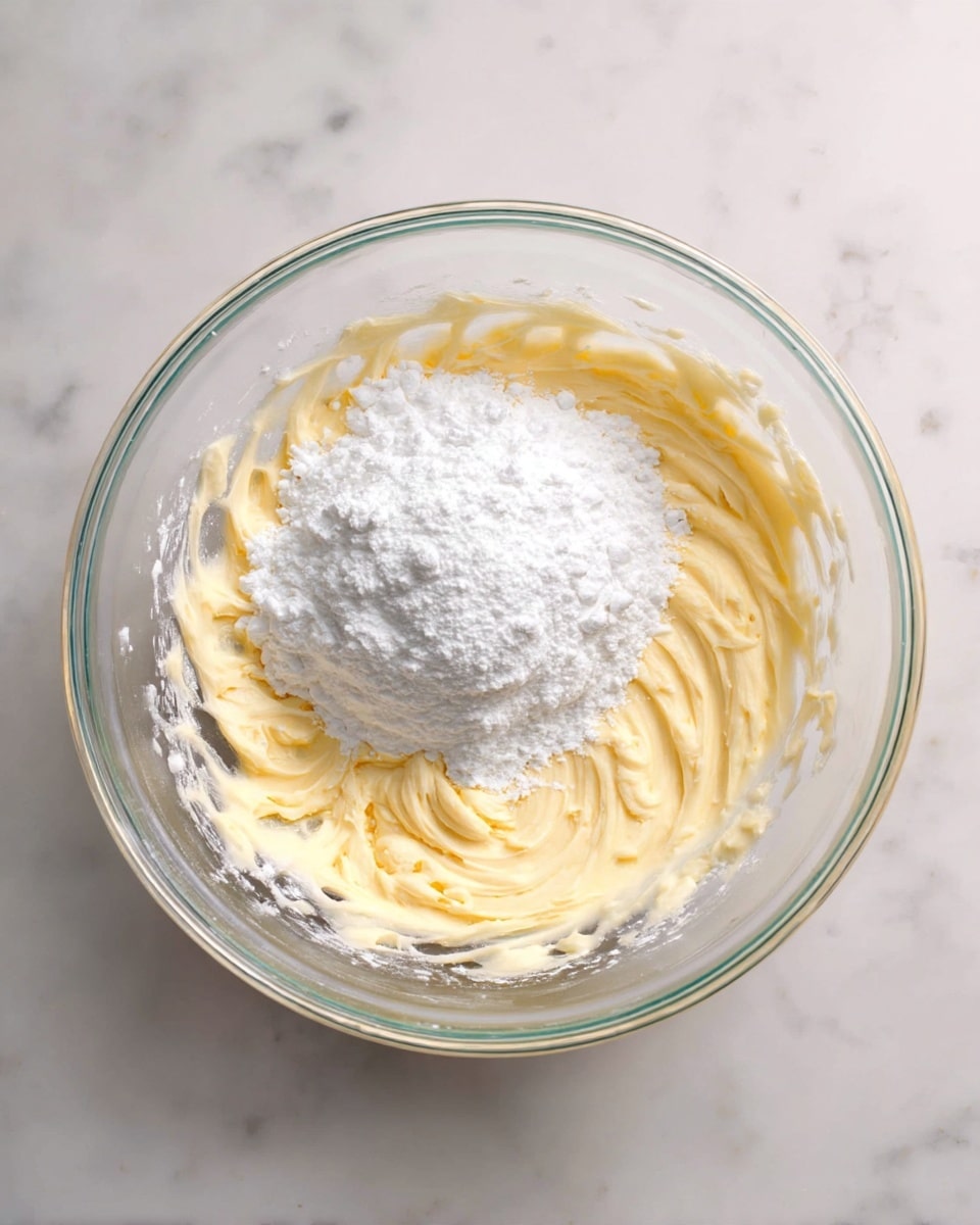 A clear glass bowl sits on a white marbled surface, filled halfway with a creamy, pale yellow mixture with a soft, smooth texture. On the right side of the bowl, a large mound of white powder rests atop the mixture, waiting to be mixed in. The bowl's inside edges show swirls and streaks of the creamy mix, indicating recent stirring. photo taken with an iphone --ar 4:5 --v 7