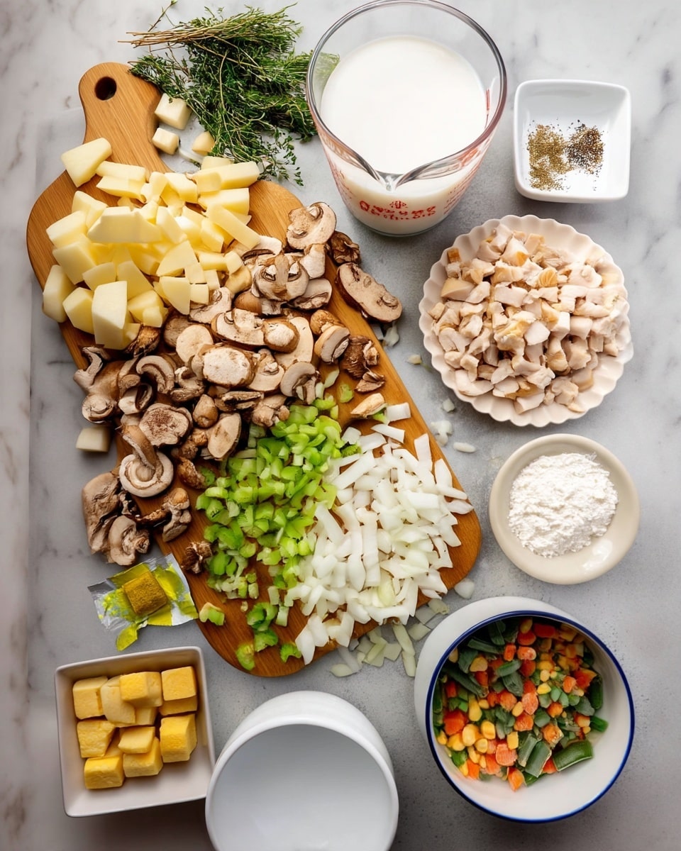 The image shows a white marbled surface with a wooden board in the center holding four layers of ingredients: at the top left are pale yellow cubed potatoes, below them are light brown sliced mushrooms with visible textures, next to mushrooms are bright green chopped celery pieces, and at the bottom right are white chopped onions. To the upper right is a white scalloped bowl filled with small cubes of light beige cooked chicken. Above that is a white rectangular dish containing three small piles of dried herbs and spices in light brown, black, and green colors. In the top center sits a clear glass measuring cup filled with white milk. Below the rectangular dish is a small white bowl with white flour. At the bottom right, a white bowl with a navy blue rim holds a mix of frozen vegetables including orange carrots, yellow corn, green beans, and peas. Two yellow broth cubes and a white jar are also placed on the left side of the image. Photo taken with an iphone --ar 4:5 --v 7