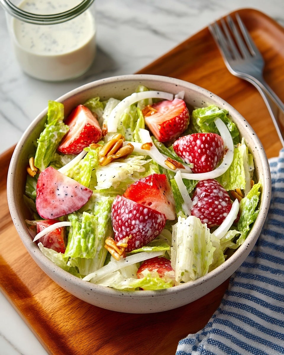 A white bowl filled with a colorful salad on a white marbled surface. The salad has four main layers: fresh green lettuce pieces at the bottom, large chunks of red strawberries scattered on top, thin slices of white onion spread evenly, and small golden almond pieces sprinkled throughout. There is a small glass jar of creamy white dressing with black specks placed behind the bowl. A blue and white striped cloth is partly under the bowl on a wooden board. photo taken with an iphone --ar 4:5 --v 7