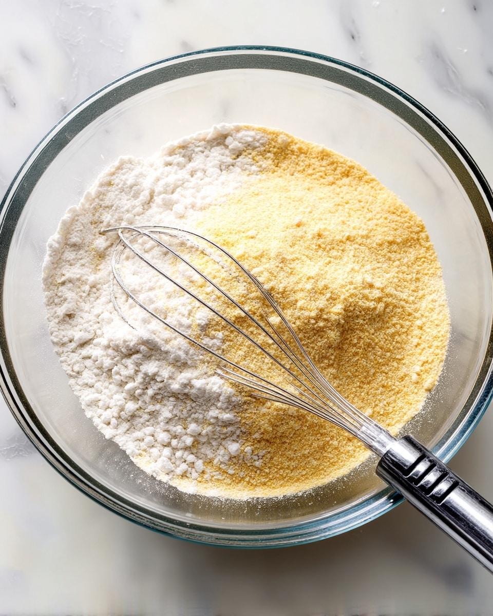 A clear glass bowl sits on a white marbled surface filled with two layers of dry ingredients: a white flour layer spreads evenly across the bottom and a lighter yellow cornmeal layer rests on top, both showing a powdery texture. A silver metal whisk with a rounded handle lies across the bowl, partially resting on the dry ingredients. The scene is brightly lit with soft natural light, showing details of the grains and fine powder. photo taken with an iphone --ar 4:5 --v 7