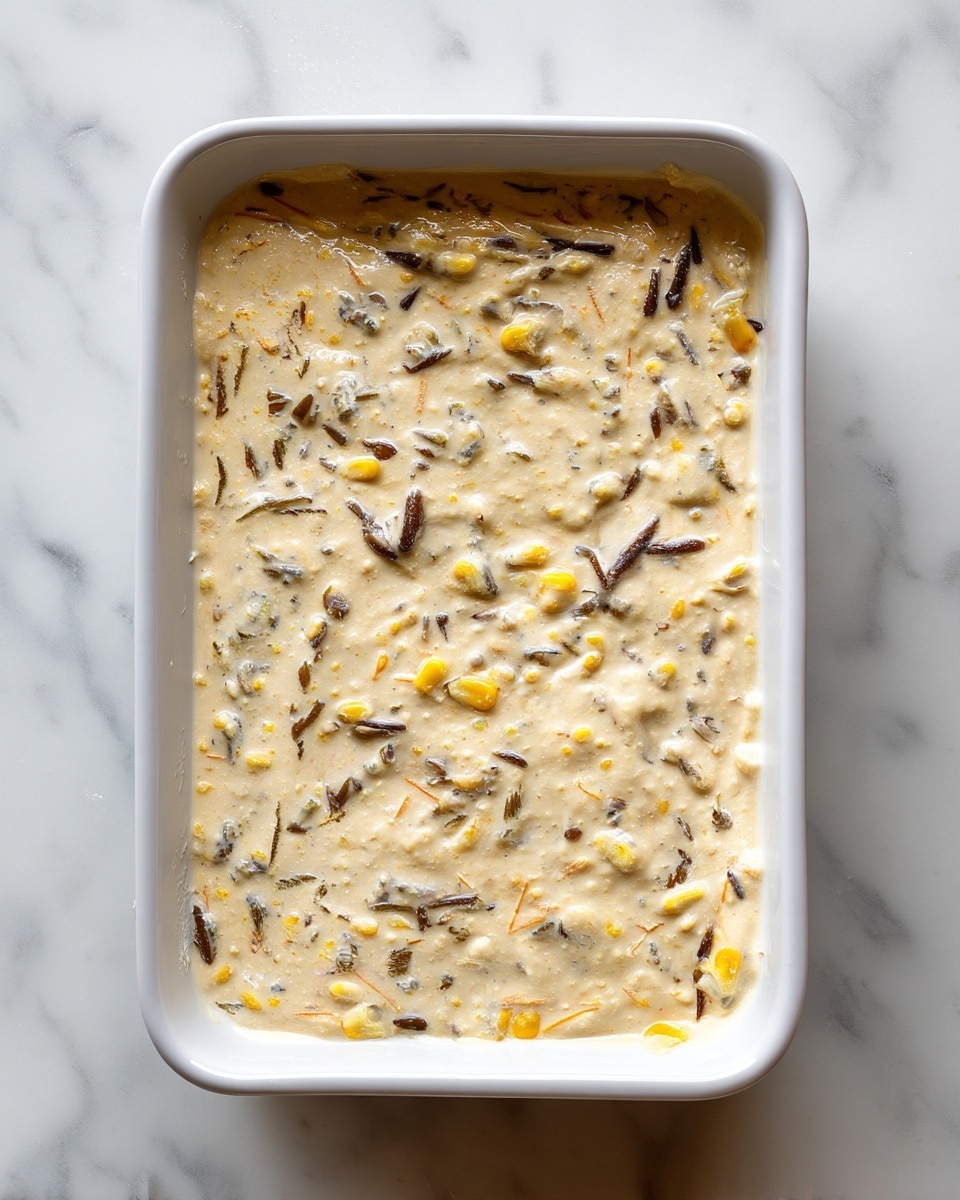 A white rectangular baking dish filled with a thick, creamy mixture that has a light beige color. The mixture contains small pieces of yellow corn and thin, darker strips that look like mushrooms or herbs, spread evenly throughout. The surface has a slightly uneven texture with some visible chunks, giving it a rustic, homemade feel. The dish sits on a white marbled surface. photo taken with an iphone --ar 4:5 --v 7