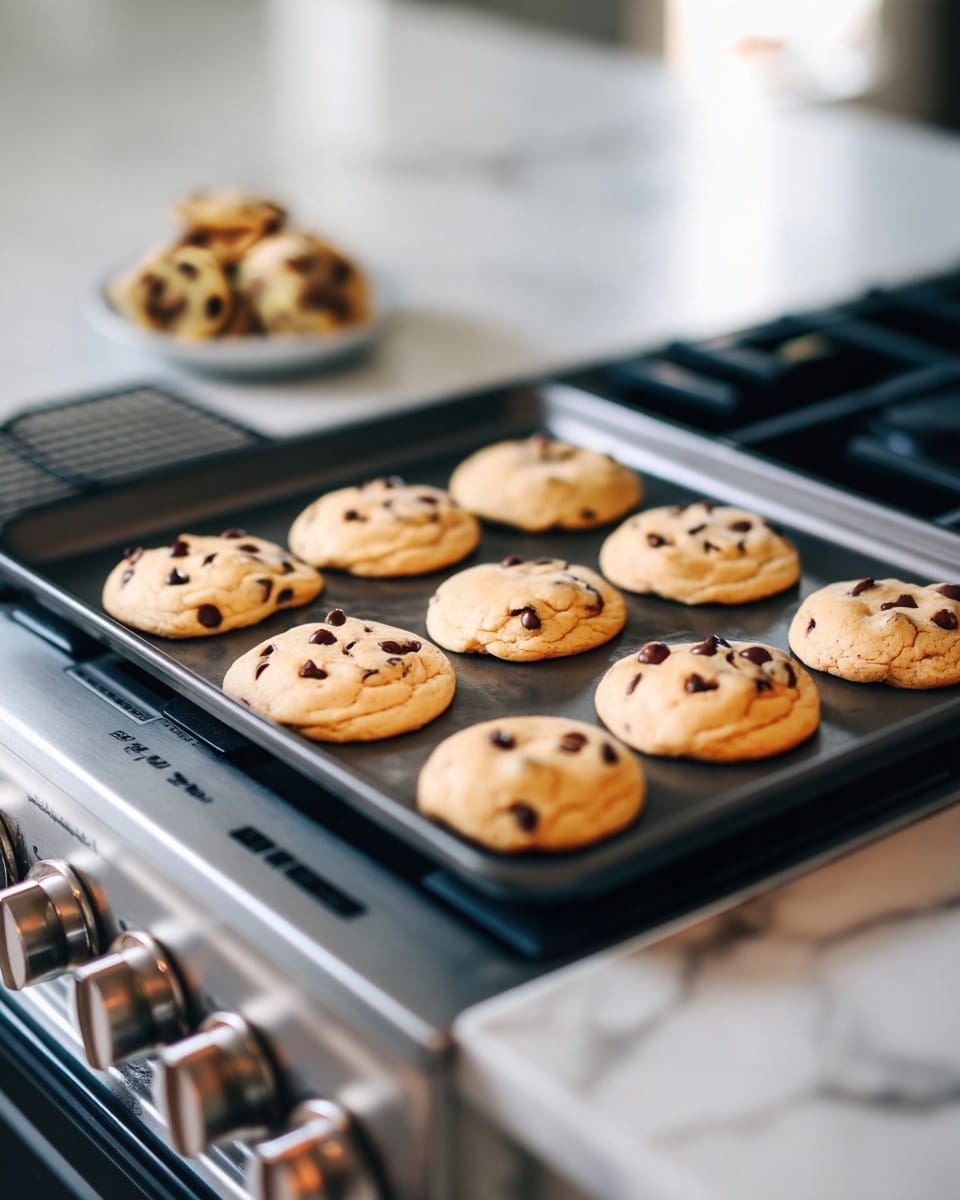 There is a dark metal baking tray with nine light golden brown cookies spaced out on it, each cookie has small dark chocolate chips on top, making the texture look soft and slightly puffy. The tray is positioned on a modern silver stove with four rounded knobs in the foreground, and the background shows a blurred plate with more cookies on a white marbled surface. The lighting is natural and bright, highlighting the soft texture of the cookies and the smooth metallic and marbled surfaces. Photo taken with an iphone --ar 4:5 --v 7