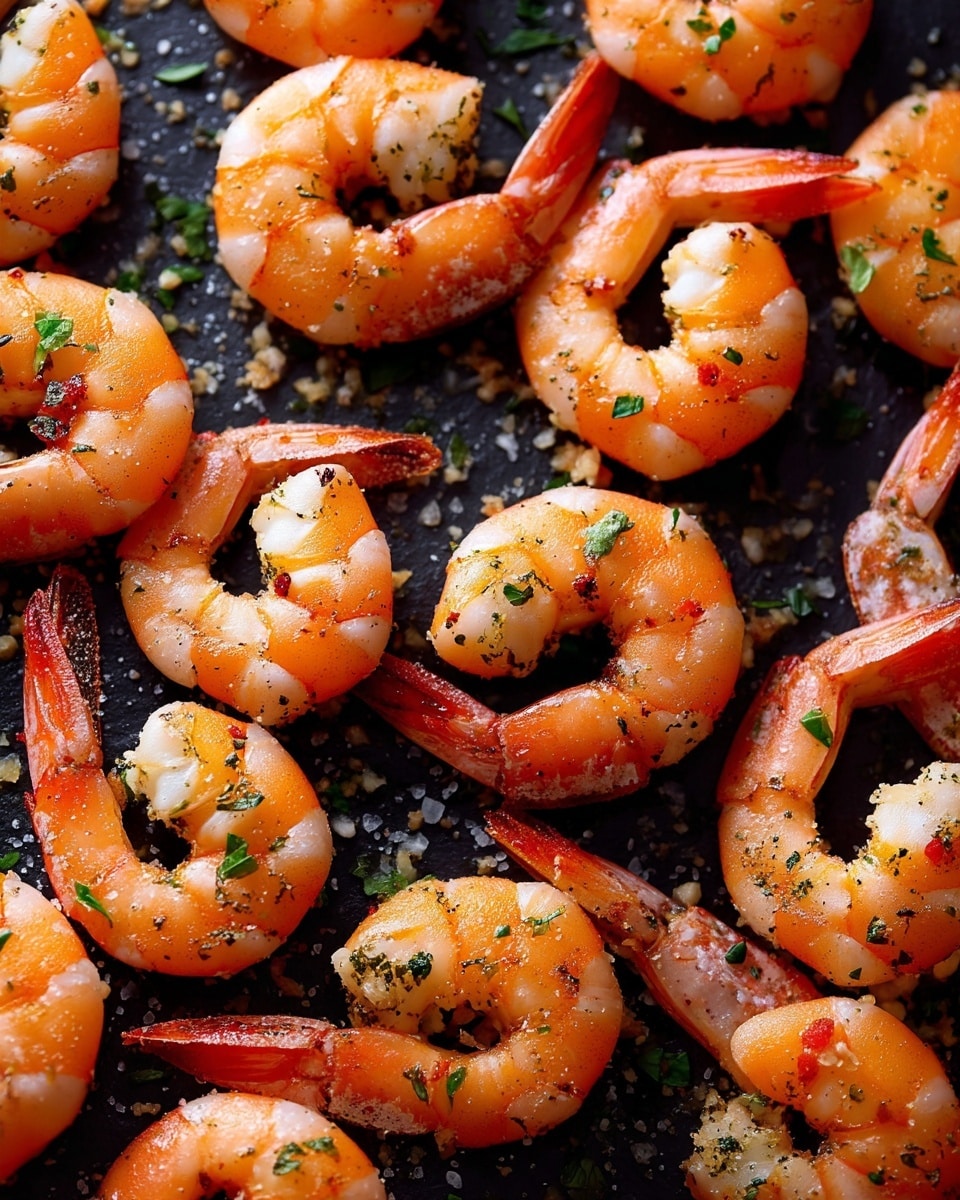 The image shows many cooked shrimp arranged closely together on a dark surface. Each shrimp is orange-pink with a slightly shiny texture, and the tails are still attached showing a darker reddish color. The shrimp are sprinkled with small bits of green herbs and coarse salt or garlic pieces, adding a rough texture on top. The lighting highlights the shrimp’s curves and slight translucency, making them look fresh and juicy. The dark surface beneath provides a nice contrast to the bright shrimp. photo taken with an iphone --ar 4:5 --v 7