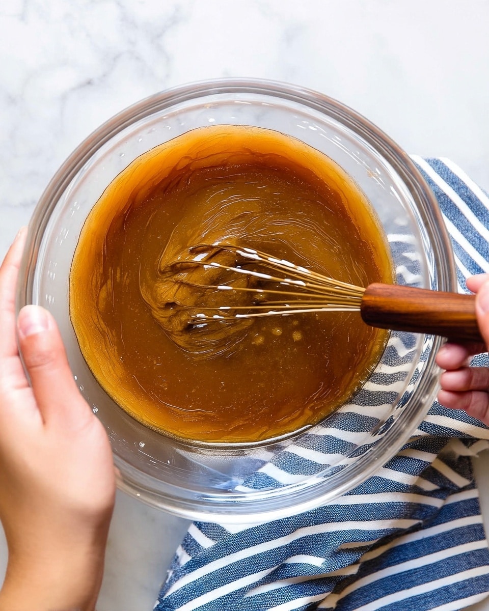 A clear glass bowl is filled with a smooth, shiny brown liquid that is being stirred with a wooden whisk. The liquid swirls around as the whisk moves, showing light reflections and texture in the mixture. A woman's hand holds the bowl steady on the left side, while another woman's hand grips the whisk on the right side. The bowl sits on a white marbled surface, and a blue and white striped cloth is partially visible under the bowl. The photo is bright and focused on the motion inside the bowl, capturing the mixing process. photo taken with an iphone --ar 4:5 --v 7