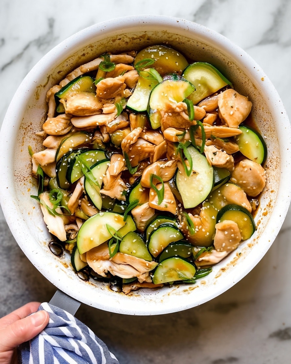 A white bowl filled with layers of light brown cooked chicken strips mixed with thick half-moon slices of green zucchini. The chicken pieces look tender and soft while the zucchini has a smooth, slightly shiny texture. Scattered green onion slices are on top, adding a fresh green color, and small white sesame seeds sprinkle across the dish. The bowl sits on a white marbled surface with a blue and white striped cloth nearby and a small wooden bowl filled with more green onions beside it. Photo taken with an iphone --ar 4:5 --v 7