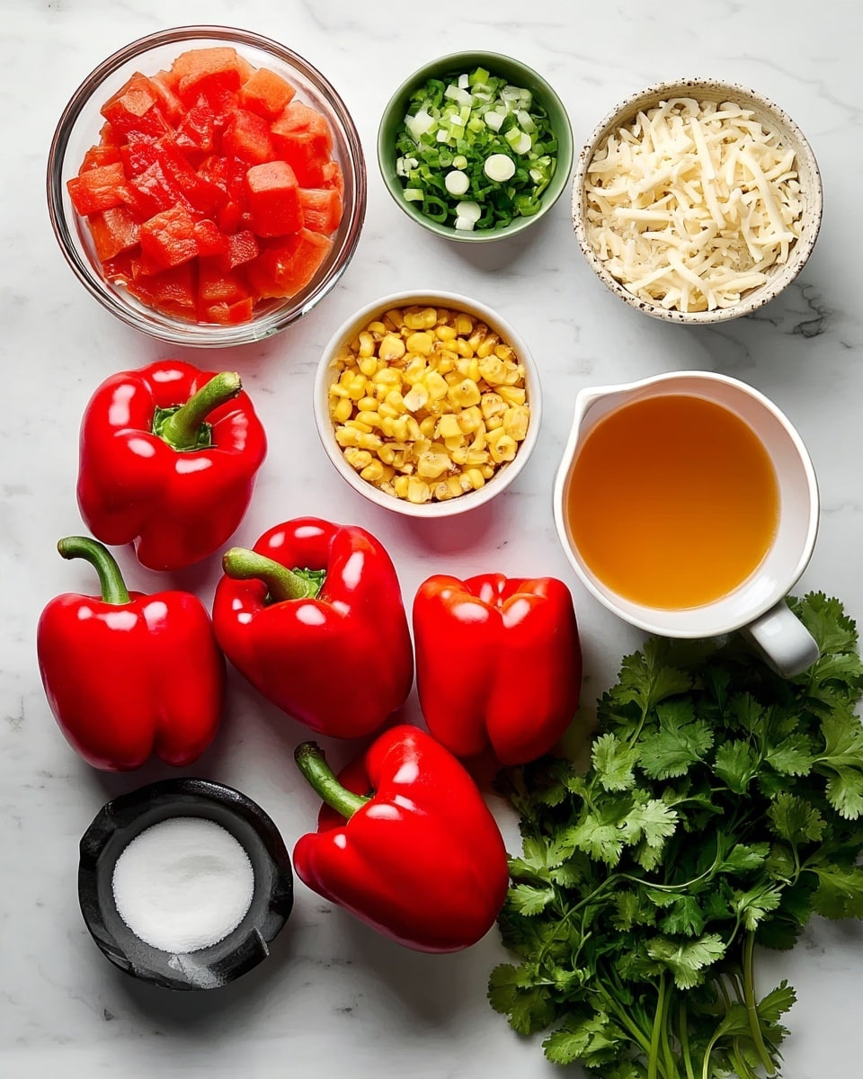 The image shows a group of cooking ingredients arranged neatly on a white marbled surface. There are five bright red bell peppers placed in the center, surrounded by small white bowls filled with yellow corn, black beans, white rice, chopped green onions, shredded white cheese, diced white onions, and seasoning mix. A clear glass bowl holds chunks of red tomatoes, and a white measuring cup is filled with orange broth. Fresh green cilantro leaves lie on the right side, and a small black bowl contains white salt, all evenly spaced. The colors and textures range from smooth peppers to grainy rice and leafy herbs, clear and vibrant. Photo taken with an iphone --ar 4:5 --v 7