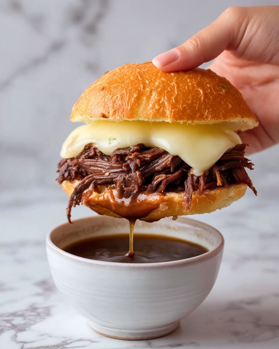 A sandwich held by a woman's hand shows several layers: the top layer is a golden-brown bun with a slightly cracked texture, underneath it is melted pale yellow cheese with a smooth glossy surface, below that is a generous amount of shredded dark brown meat that looks tender and moist. The sandwich is being dipped into a white bowl filled with dark brown broth that looks rich and thin, with a drip falling from the sandwich into the bowl. The scene is set on a white marbled surface with a blurred white marbled background. Photo taken with an iphone --ar 4:5 --v 7
