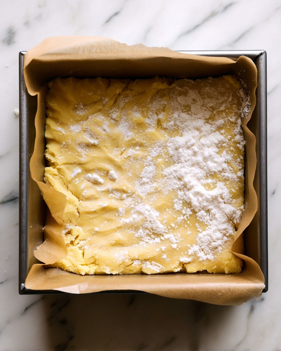 A close-up view of an unbaked dough pressed into a square metal pan lined with brown parchment paper. The dough layer is pale yellow with a slightly uneven, soft texture and some flour dusted on the top right corner. The edges are pushed up slightly against the sides of the pan. The pan is placed on a white marbled surface. photo taken with an iphone --ar 4:5 --v 7