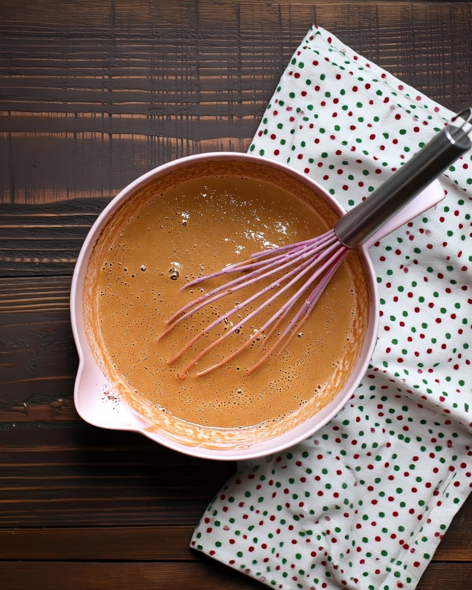 A light pink bowl filled with a smooth, light brown batter that has small bubbles on the surface. The batter coats the sides of the bowl slightly. A whisk with a silver metal handle and pink wires is partly submerged in the batter, resting inside the bowl. Next to the bowl, there is a white cloth with red, green, and black polka dots. All is placed on a dark wooden surface with a white marbled texture in the background. photo taken with an iphone --ar 4:5 --v 7