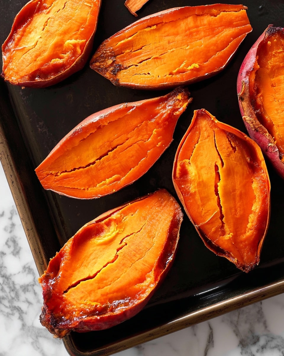 The image shows six pieces of roasted sweet potato halves laid out on a dark baking tray. Each piece has a bright orange soft inside with a smooth texture and some cracks, surrounded by a darker brownish-orange thin skin. The sweet potatoes are arranged in a scattered pattern, filling the frame with their vibrant color. The background is a white marbled texture. Photo taken with an iphone --ar 4:5 --v 7