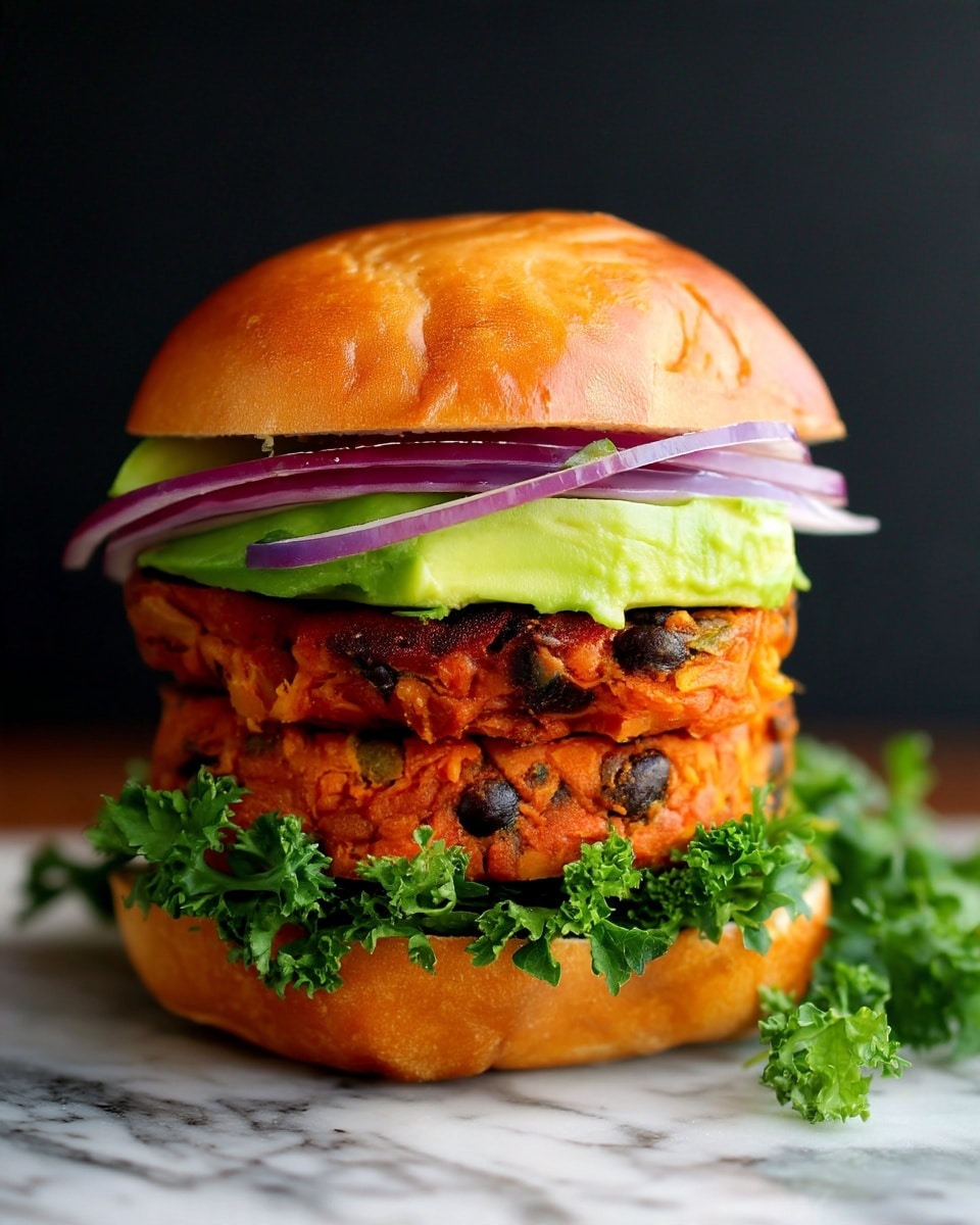 A close-up of a sandwich cut into two halves, each half showing soft, light brown sandwich buns with a fluffy white inside. The bottom bun holds fresh green leafy lettuce, above which is a thick orange-brown chunky patty mixed with black beans. On top of the patty, there are slices of light green avocado, and above it a reddish-brown sauce coats finely chopped pieces of bacon. The sandwich halves rest on a dark surface with some red onion rings and sprigs of green parsley nearby, against a plain dark background. photo taken with an iphone --ar 4:5 --v 7