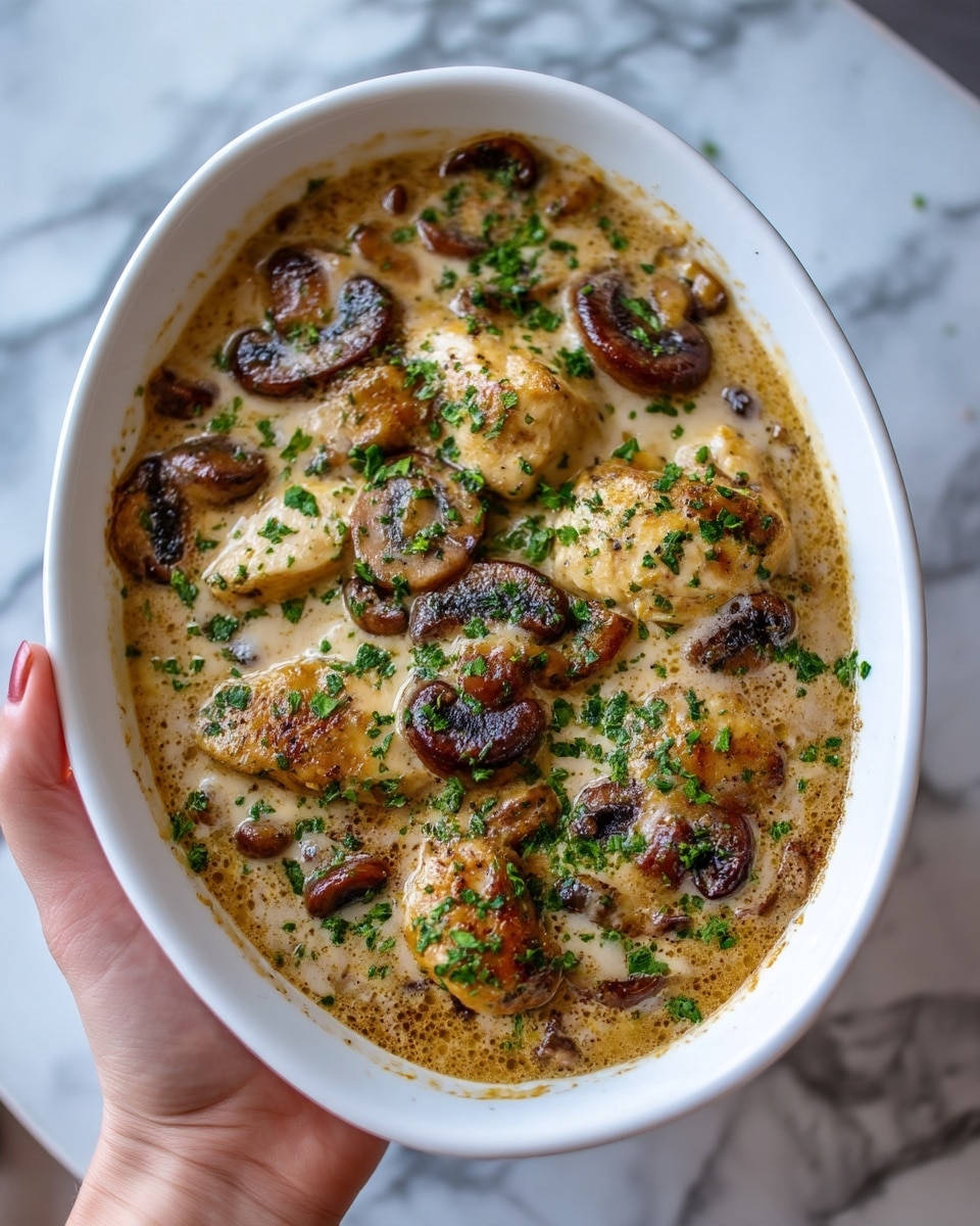 The image shows a close-up of a dish in a white oval casserole dish filled with creamy sauce and many slices of cooked mushrooms scattered on top and around the edges. There are four pieces of smooth, light golden-yellow cooked chicken breasts partially submerged in the thick beige sauce, sprinkled with finely chopped bright green parsley. The mushrooms have a rich brown color with some glossy shine from the sauce. The white marbled surface underneath the dish adds a clean and bright background. photo taken with an iphone --ar 4:5 --v 7