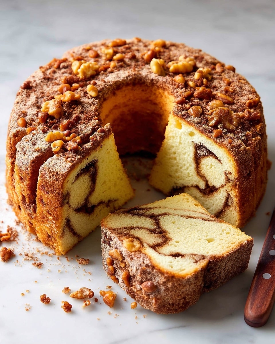 A round cake with a soft yellow inside and thick swirls of cinnamon running through the middle is shown on a white plate with a dark rim. The top of the cake is covered in a crumbly brown topping, and a slice has been removed to show the inside layers clearly. It is placed on a white marbled surface with some cake crumbs scattered around. In the background, there is a clear glass container with dark liquid on a wooden coaster and a pink cloth napkin beside it. photo taken with an iphone --ar 4:5 --v 7