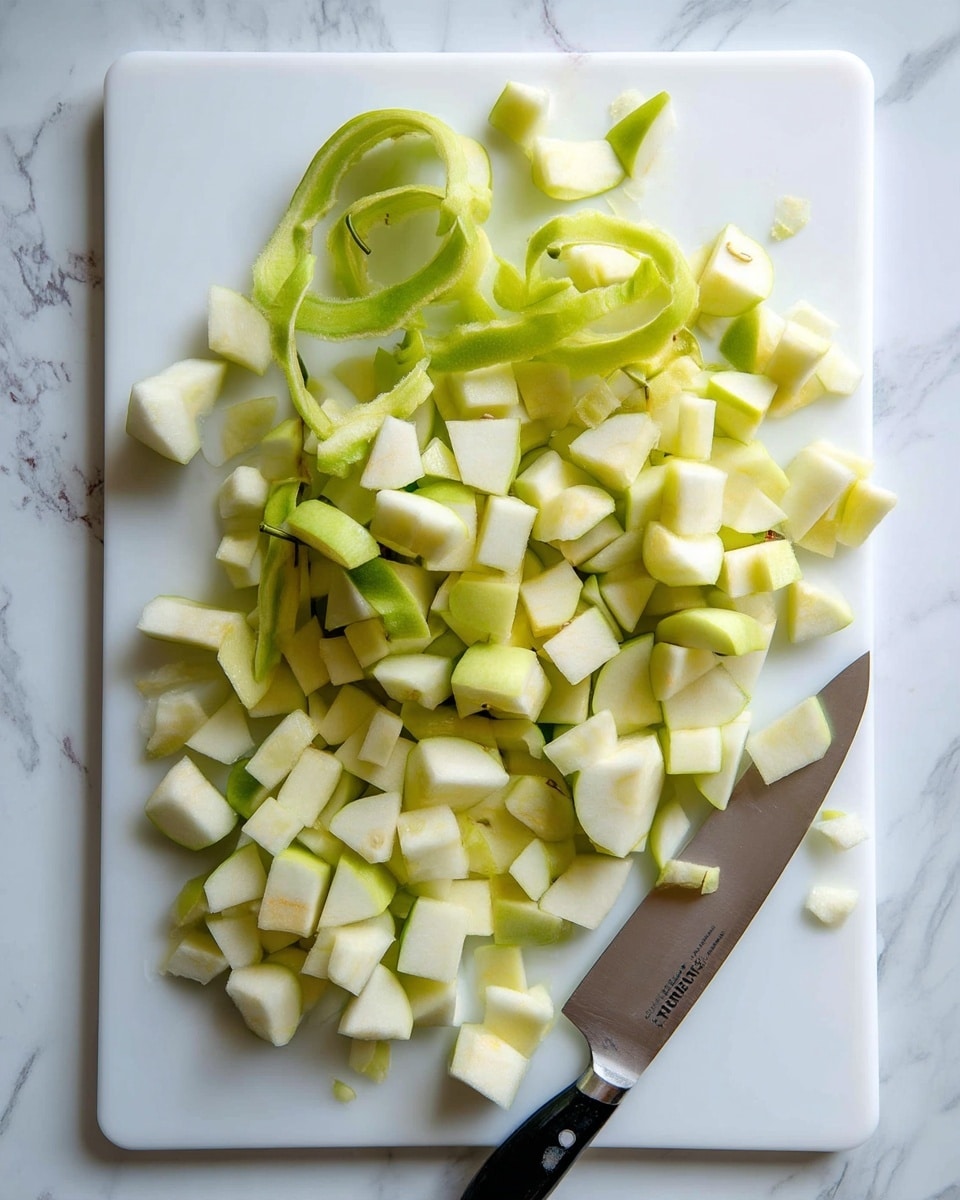 The image shows many pieces of peeled and chopped apple cubes spread across a white cutting board. There are long, curled apple peels and a few apple cores also on the board. A sharp knife with a silver blade and a black handle lies on the board's lower right side. The board is set on a white marbled surface, which adds a clean and bright look to the scene. photo taken with an iphone --ar 4:5 --v 7