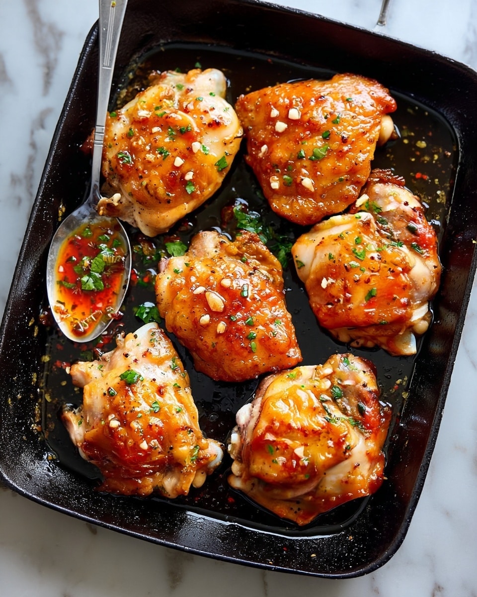 The image shows six cooked chicken pieces with shiny, golden brown skin on a black pan. The chicken has some small white bits sprinkled on top, like chopped garlic or onion, and tiny green herbs scattered over it. A silver spoon with red sauce and herbs is resting in the pan near the chicken. The background is a white marbled surface. photo taken with an iphone --ar 4:5 --v 7