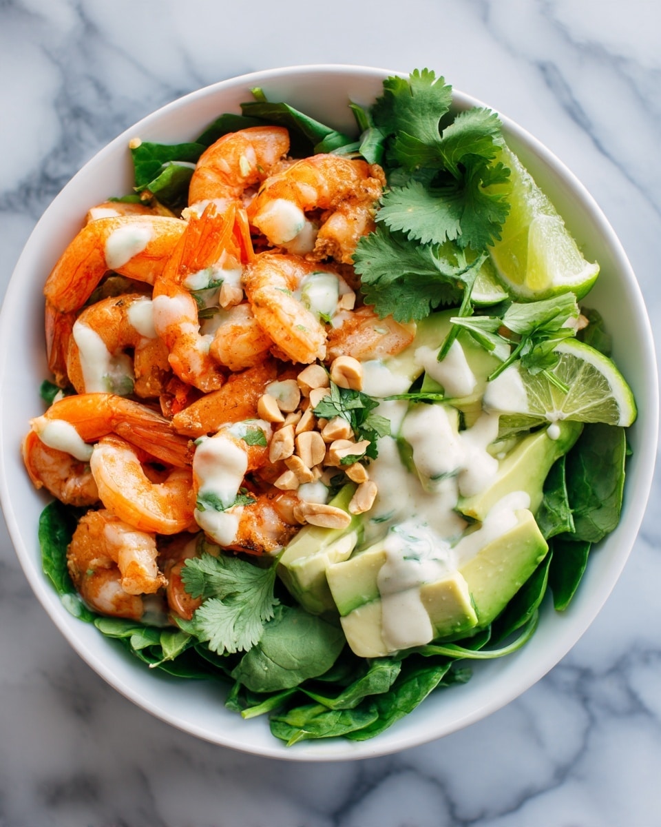 The image shows a white bowl filled with a colorful shrimp salad on a white marbled surface. The salad has multiple layers: at the bottom, there is a bed of fresh green spinach leaves; on one side, bright orange cooked shrimp lay next to a cluster of small chopped light green avocado pieces. There are fresh green lime wedges placed on the right side of the bowl. Creamy white dressing drizzled over the shrimp and avocado adds a smooth texture. Some fresh green cilantro leaves and crushed peanuts are sprinkled on top, adding more texture and color to the dish. Photo taken with an iphone --ar 4:5 --v 7