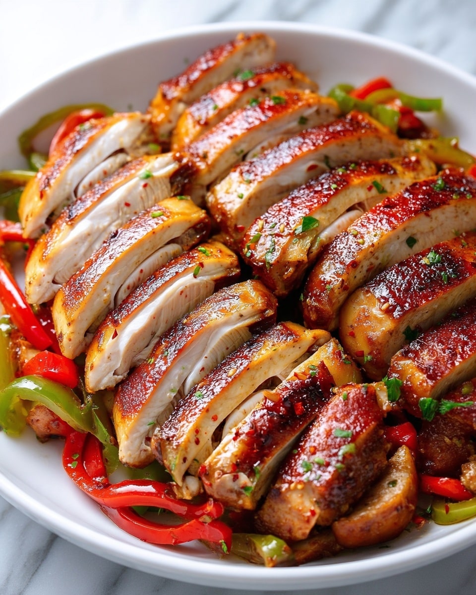 The image shows many slices of cooked chicken with a golden brown, slightly crispy skin on the top layer. The inside of the chicken looks juicy and tender with a light cream color. Among the chicken slices, there are thin strips of red and green bell peppers that look soft and shiny, adding bright red and green colors to the dish. Small green herb pieces are sprinkled throughout, giving freshness and a little color contrast. The food is close up and fills the whole white plate, set against a white marbled surface. photo taken with an iphone --ar 4:5 --v 7