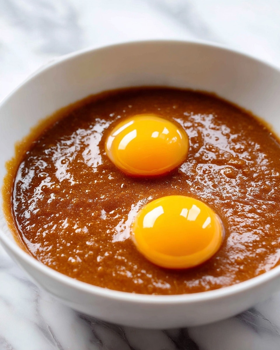 A close-up image of a white bowl filled with a thick brown batter mixed with two raw egg yolks sitting on top, their glossy yellow color contrasting against the smooth brown texture of the batter. Underneath the bowl, a white marbled surface is visible, adding a clean and bright look to the scene. photo taken with an iphone --ar 4:5 --v 7