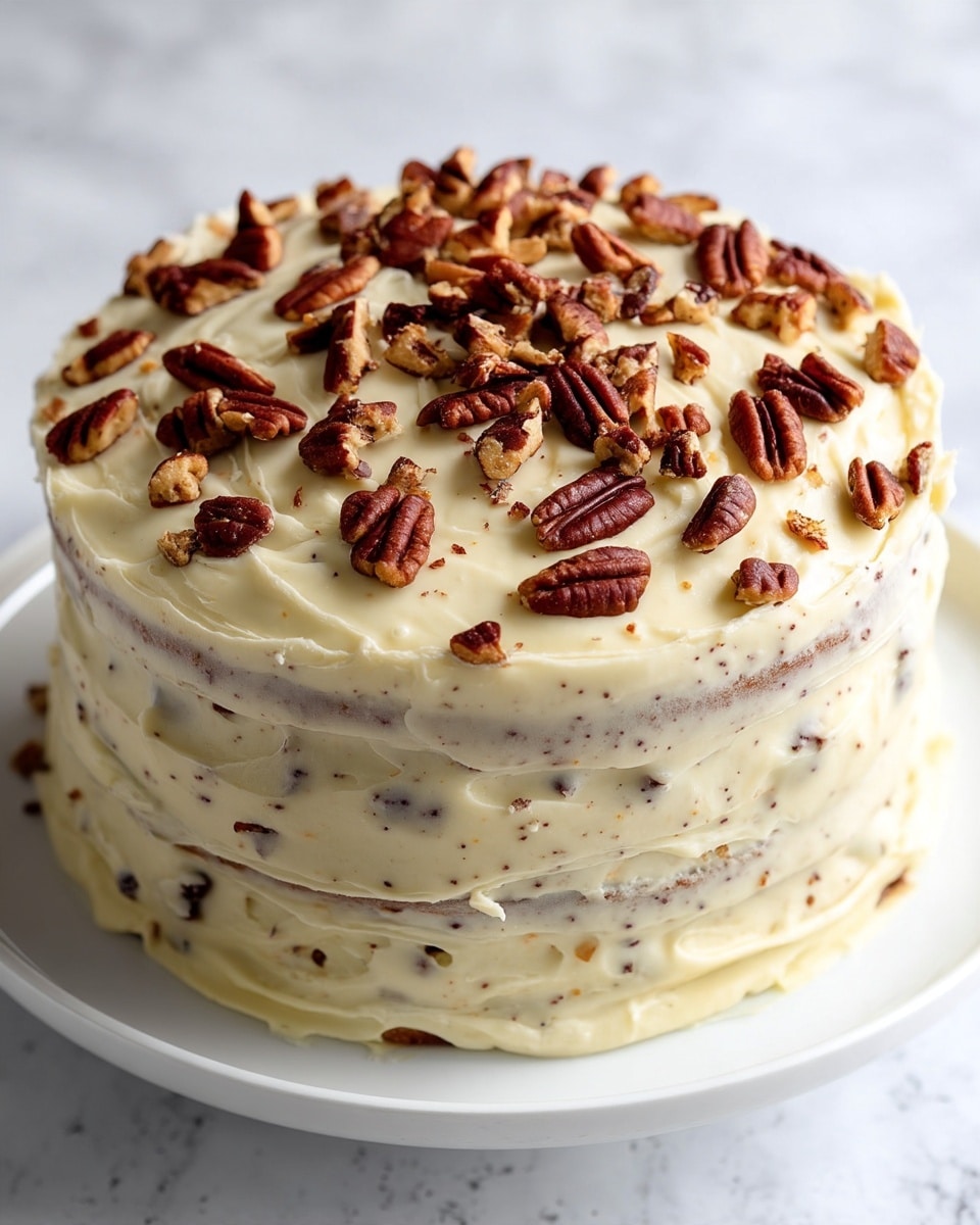 The image shows a three-layer cake on a white cake stand, covered with creamy white frosting that is spread smoothly but with some texture. Each cake layer is light yellow with visible bits inside, separated by thick layers of the same white frosting. The top of the cake is sprinkled with chopped brown nuts. A large slice is removed, revealing the inside layers clearly. The cake stand is placed on a white marbled surface, with a small white bowl of extra nuts to the right and a stack of white plates with a fork on the left. The background has a warm, brown, textured wall. photo taken with an iphone --ar 4:5 --v 7