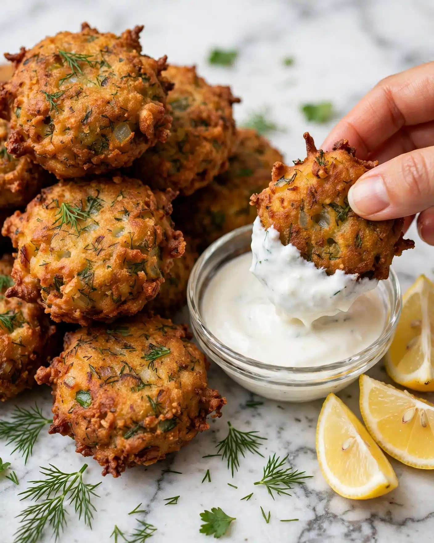 Cheesy Chicken Fritters Recipe 4 A close-up image showing multiple golden brown fried fritters stacked closely together on a white marbled surface with green dill leaves scattered around as garnish. A woman’s hand is holding one fritter dipped halfway in a smooth white creamy sauce from a small transparent glass bowl placed near lemon wedges on the right side. The fritters have a crispy and slightly uneven texture with visible herbs and small bits inside. Photo taken with an iphone --ar 4:5 --v 7