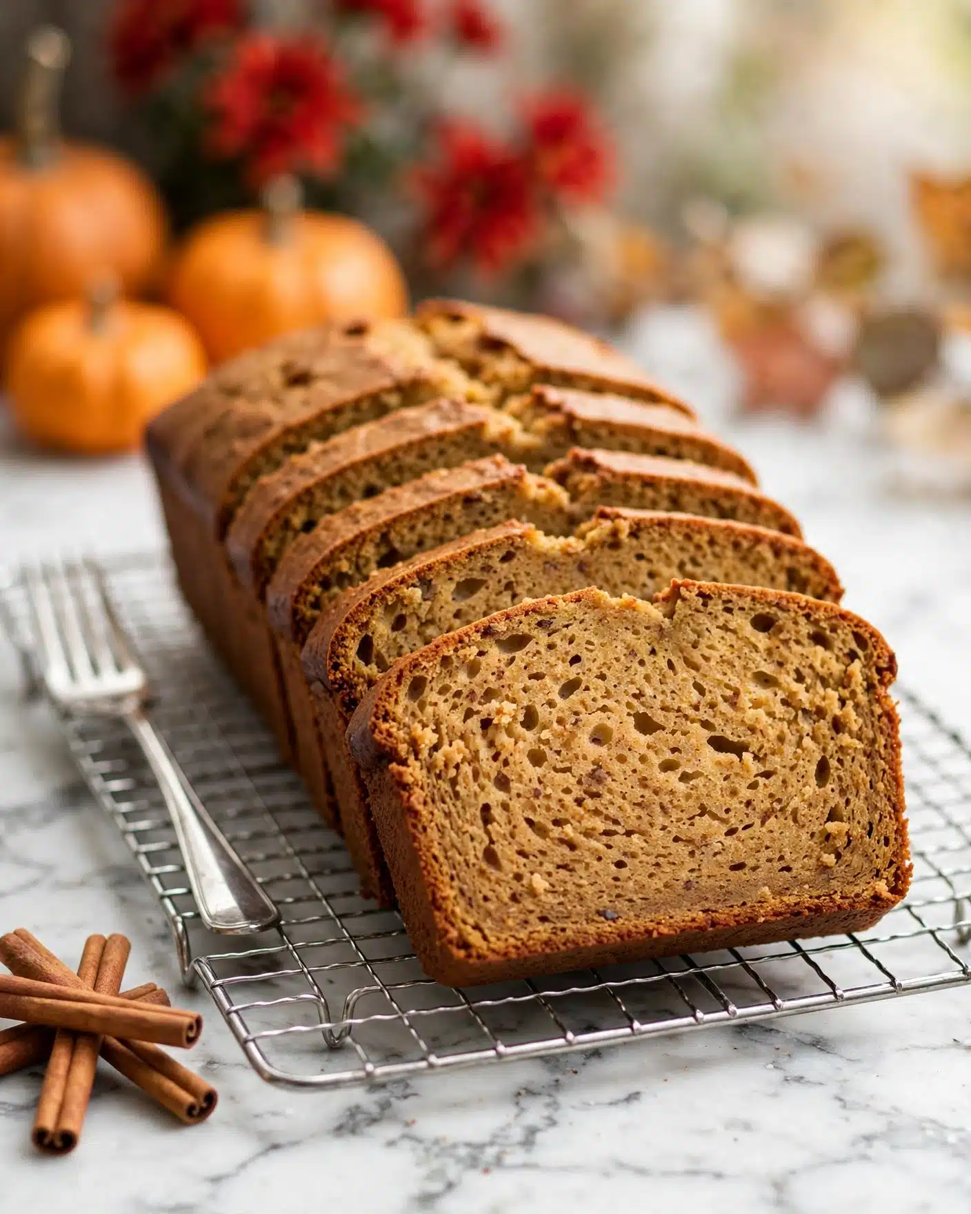 Pumpkin Banana Bread Recipe 5 A loaf of pumpkin bread sliced into even thick pieces sits on a silver wire rack over a white marbled surface. The bread has a warm brown color with a moist, soft texture visible in the close-up slice, showing small air pockets and bits of spice throughout. Behind the bread, there are out-of-focus orange pumpkins and red flowers adding autumn vibes. A silver fork leans against the rack on the left side, and cinnamon sticks rest nearby on a white marbled table. Photo taken with an iphone --ar 4:5 --v 7