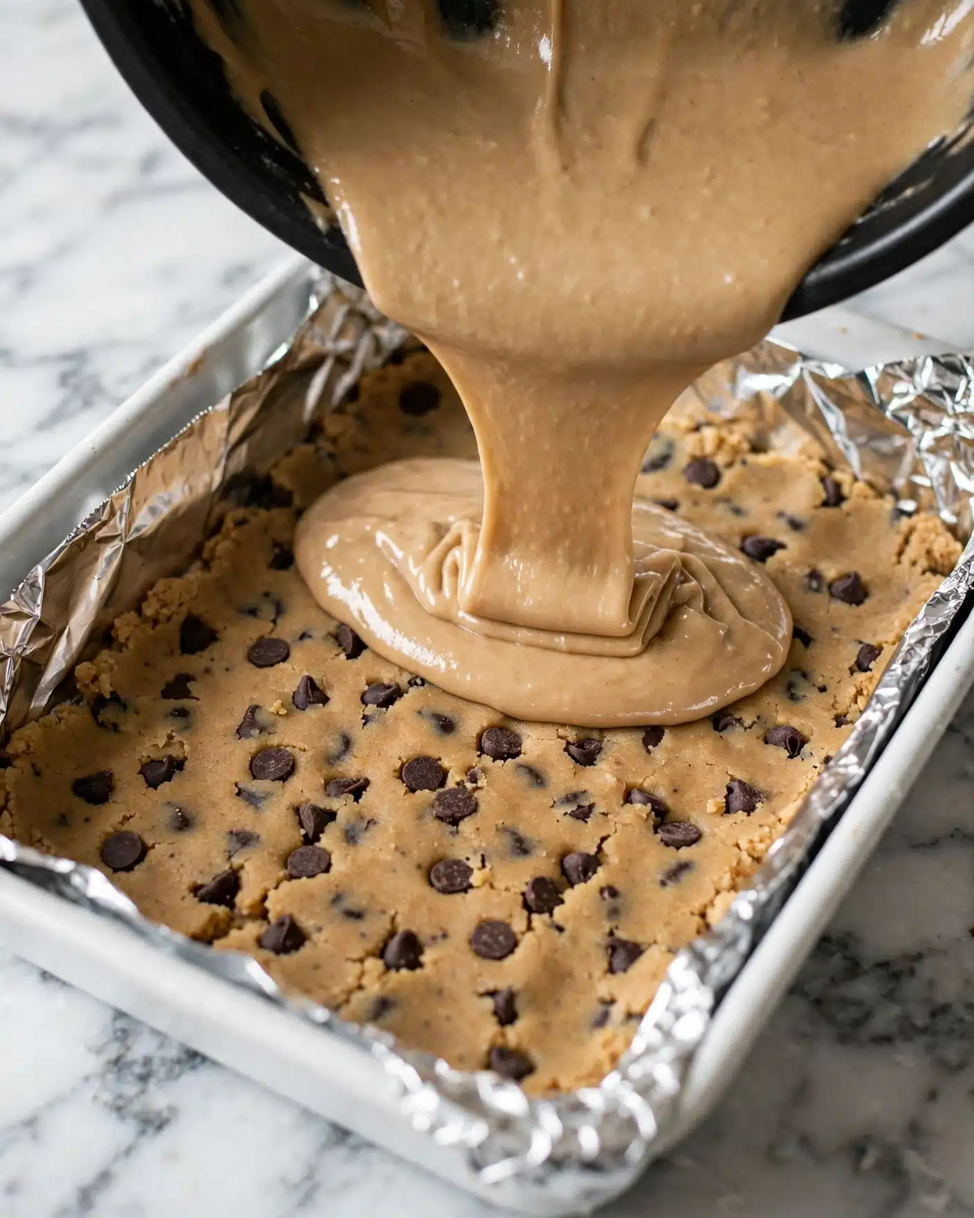 Salted Caramel Chocolate Chip Cookie Bars Recipe 4 A close-up view shows a thick light brown batter being poured from a round black pan onto a base layer of cookie dough with dark chocolate chips. The base layer is pressed flat in a white baking dish lined with shiny aluminum foil. The cookie dough has a rough texture with visible chocolate chips spread evenly. The glossy, smooth batter flows slowly over the dough, creating a rich contrast between the two layers. The background is a white marbled surface. Photo taken with an iphone --ar 4:5 --v 7
