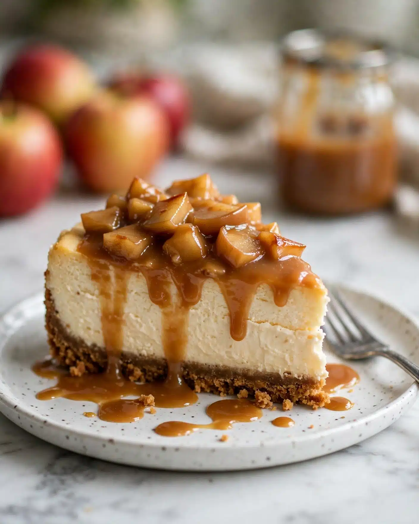 A slice of cheesecake with three visible layers sits on a white speckled plate on a white marbled surface. The bottom layer is a crumbly, dark brown crust. The middle layer is thick, creamy, and pale beige in color. On top, there is a chunky, warm caramel-colored sauce with soft, light brown caramelized apple pieces, some sauce dripping down the sides and pooling on the plate. A silver fork lies on the right side of the plate. The background is softly blurred, showing apples and a jar of caramel sauce. Photo taken with an iphone --ar 4:5 --v 7