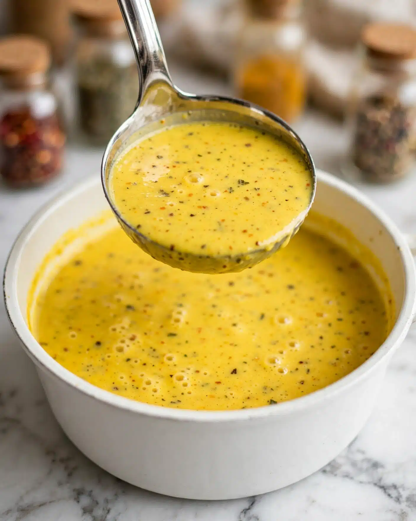 Autumn Butternut and Acorn Squash Soup with Sage and Green Apple Recipe 5 A close-up image of a thick, smooth, bright yellow soup with tiny specks of seasoning, held in a shiny silver ladle above a white pot filled with the same soup. The soup has a creamy texture with small bubbles visible on the surface. The background shows blurred jars with spices, while the pot sits on a white marbled surface. photo taken with an iphone --ar 4:5 --v 7