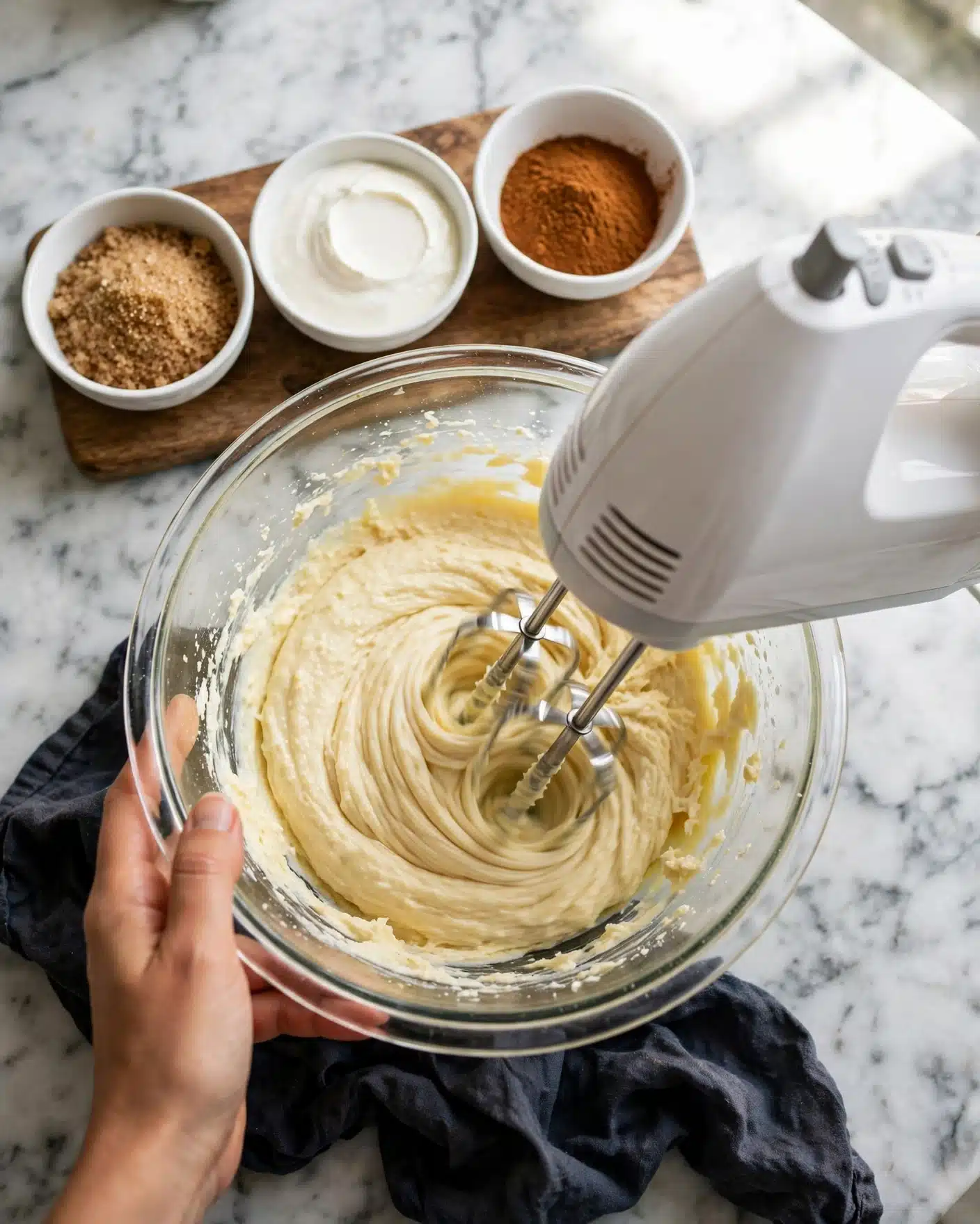 Cinnamon Walnut Coffee Cake Recipe 4 A clear glass bowl filled with creamy light yellow dough mixture is held by a woman's hand at the bottom left, while a white hand mixer with metal beaters mixes the dough inside the bowl. Above the bowl on a wooden board are three small white ceramic bowls: one filled with brown sugar, one with white cream, and one with a reddish-brown spice powder. The setup is placed on a white marbled surface with a slightly crumpled dark cloth partially visible under the bowl. Photo taken with an iphone --ar 4:5 --v 7