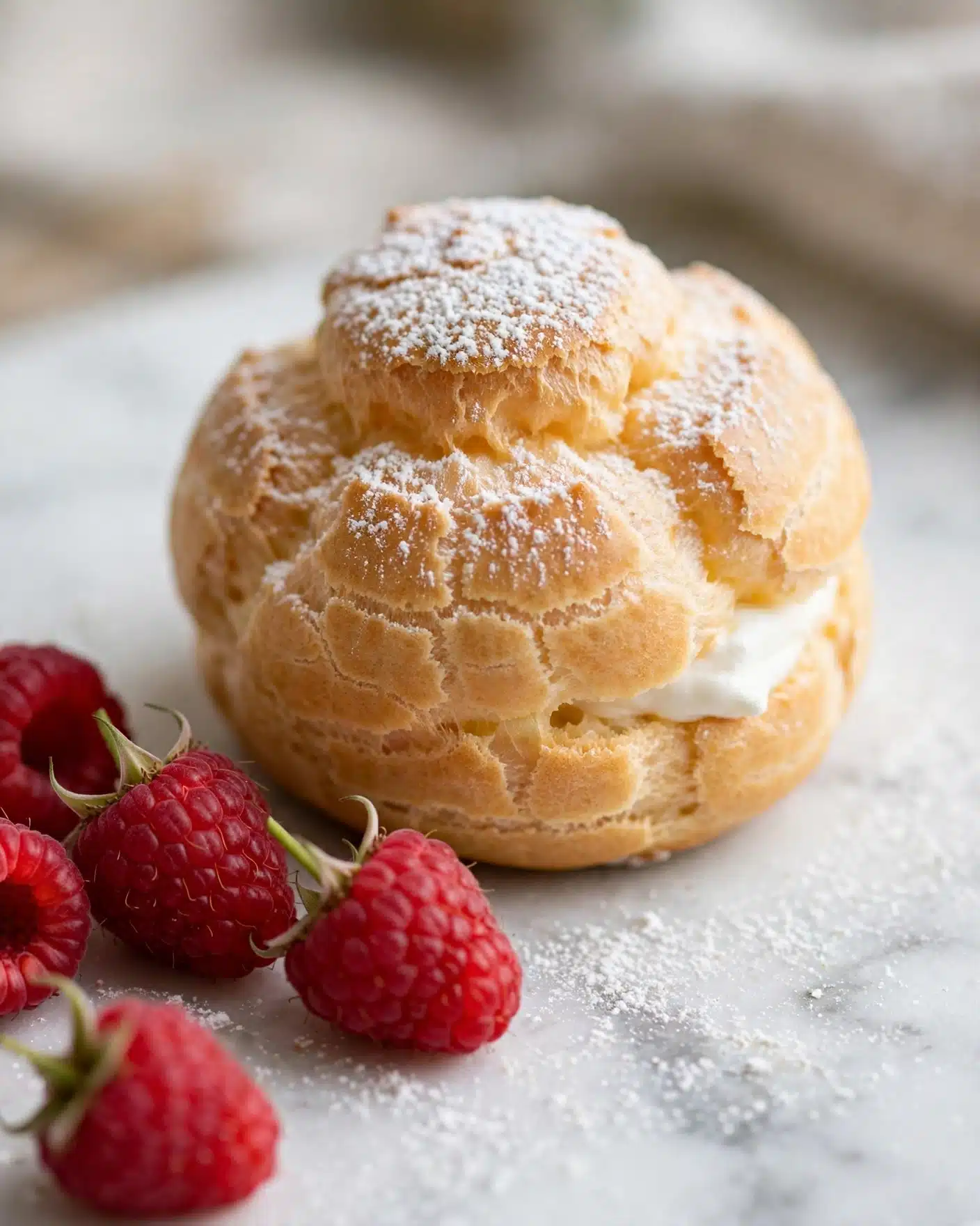 The image shows a stack of three round cream puffs with golden-brown, slightly rough outer shells dusted lightly with white powdered sugar. Each puff is filled with smooth white cream that is visible through small openings on the sides. The puffs are stacked vertically on a wooden surface surrounded by a few bright red raspberries. The background is softly blurred with dark tones, creating a nice contrast with the pastries. The surface beneath has a white marbled texture. Photo taken with an iphone --ar 4:5 --v 7