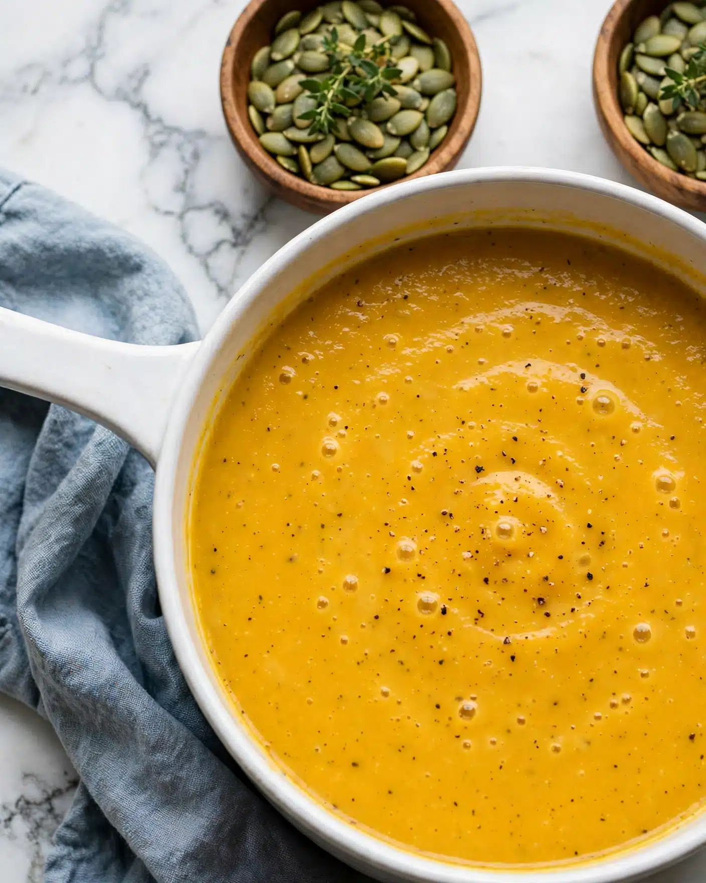 Autumn Butternut and Acorn Squash Soup with Sage and Green Apple Recipe 4 A close-up of a large white pot filled with smooth, thick, bright yellow-orange soup that has a few small bubbles and tiny black specks on the surface. The pot has a white handle on the left side, and it is placed on a white marbled surface. Above the pot, there are two small wooden bowls, one partially visible, filled with green pumpkin seeds and garnished with a sprig of green herb. A soft blue-gray cloth is casually placed to the left beneath the pot. photo taken with an iphone --ar 4:5 --v 7