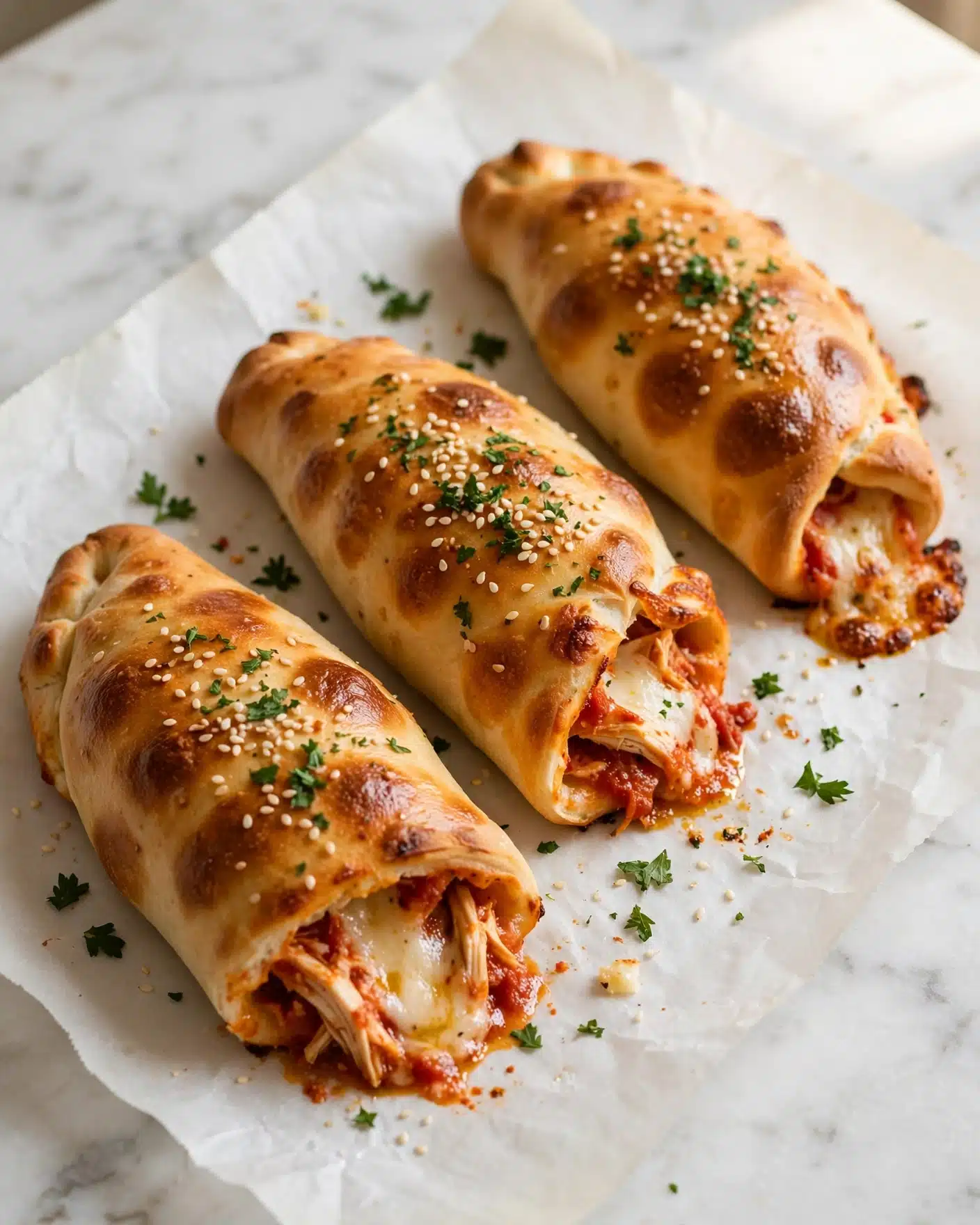 Chicken Parmesan Rolls Recipe 5 A stack of three folded pastries sits on a white plate placed on a white marbled surface. Each pastry has a golden-brown baked crust sprinkled with white sesame seeds on top. Inside, there are visible layers of cooked light brown chicken and melted cheese mixed with a slightly orange sauce, giving a soft texture to the filling. The edges of the pastries show a thin, crispy crust while the inside looks moist and rich from the sauce and chicken. In the background, there is a blurred small white bowl with a reddish-orange dipping sauce. photo taken with an iphone --ar 4:5 --v 7